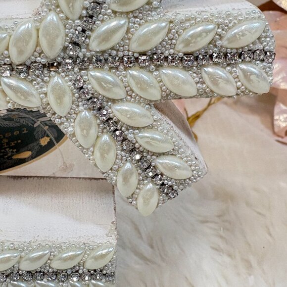 Winter Holiday Beaded Pearl Wood Rhinestone Christmas Snowflake Shabby Chic - Picture 5 of 6